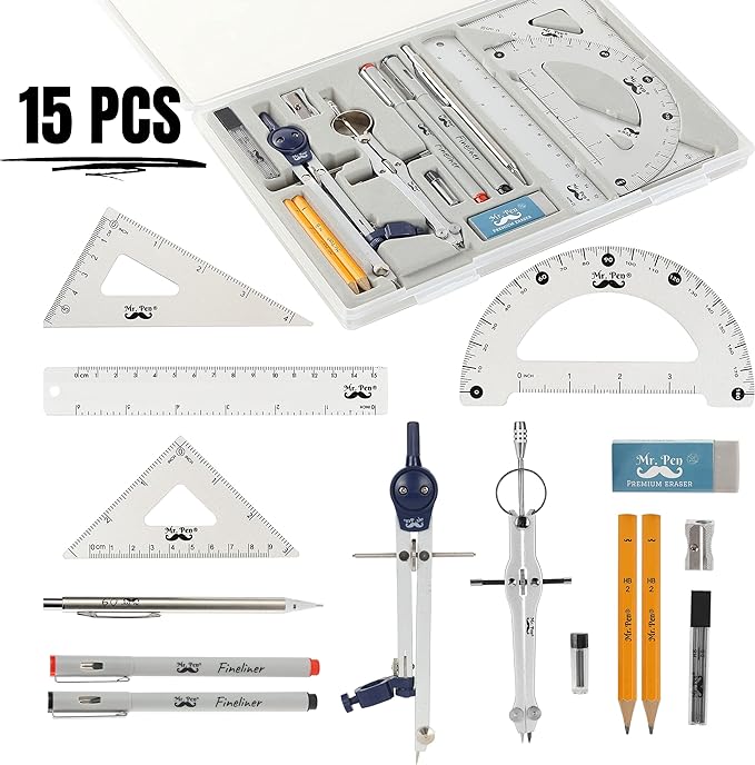 Mr. Pen- Professional Geometry Set, 15 pcs, Geometry Kit for Artists and Students, Geometry Set, Metal Rulers and Compasses, Drawing Tools, Drafting Supplies, Drafting Set, Drafting Tools and Kits