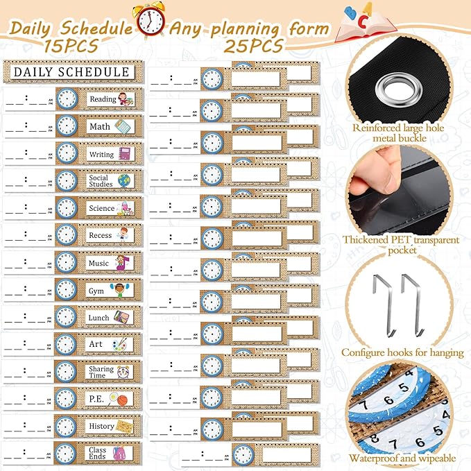 Chiisong Daily Schedule Pocket Chart, 14+1 Pocket, with 40 Pcs Reusable Dry Eraser Cards Calendar for Classroom Toddler Schedule Chart Office Home Activity(Burlap Style)