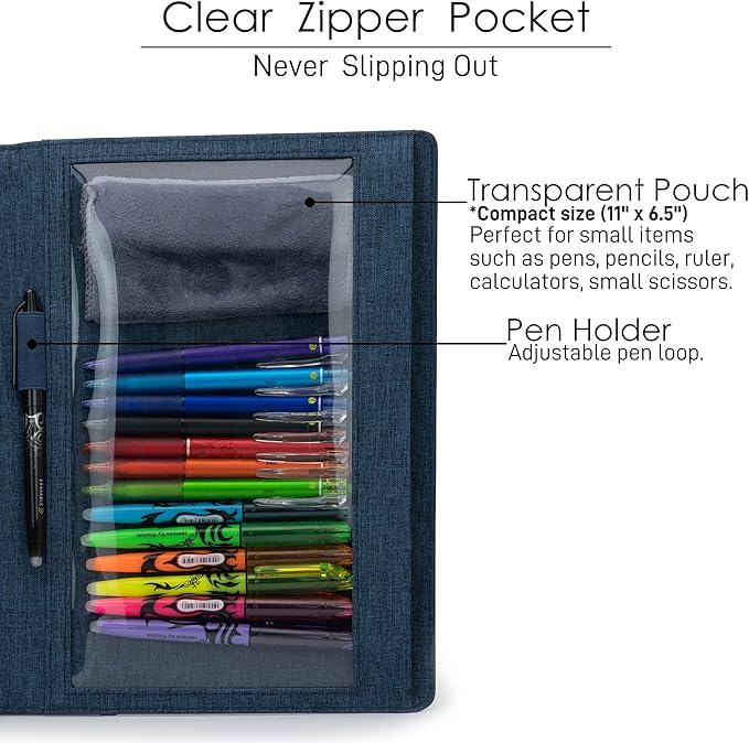 Folio Cover Compatible with Rocketbook Fusion, Panda, Everlast, Waterproof Fabric, Multi Organizer with Pen Loop, Zipper Pocket, Business Card Holder, fits A4 Size Notebook, Blue