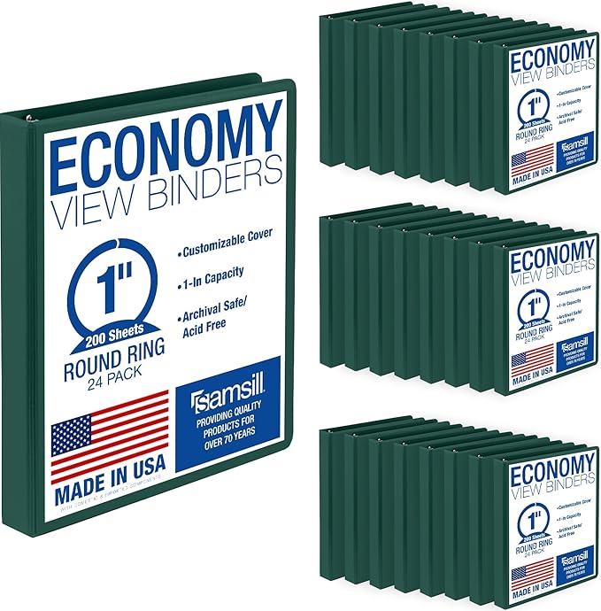 Samsill 1 Inch 3 Ring Binders, Economy Round Ring, Clear View Cover, 200 Sheet Capacity - for School, Home, Office - Green, 24 Pack