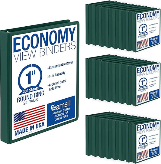 Samsill 1 Inch 3 Ring Binders, Economy Round Ring, Clear View Cover, 200 Sheet Capacity - for School, Home, Office - Green, 24 Pack