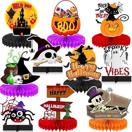 10Pcs Halloween Party Decorations Honeycomb Centerpiece - Halloween Table Decorations Spooky Orange Black Table Centerpieces Pumpkin Ghost Witch Table Topper Decor Indoor Outdoor Supplies