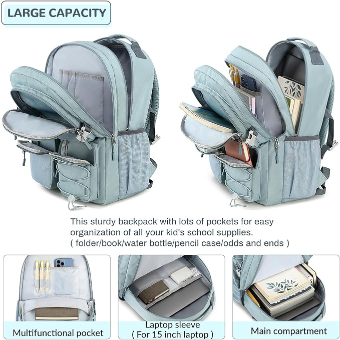 Lohol Multi-Pocket Backpack for School College Travel, Heavy Duty Big Bookbag with 15.6 inch Laptop Compartment (Green Graffiti