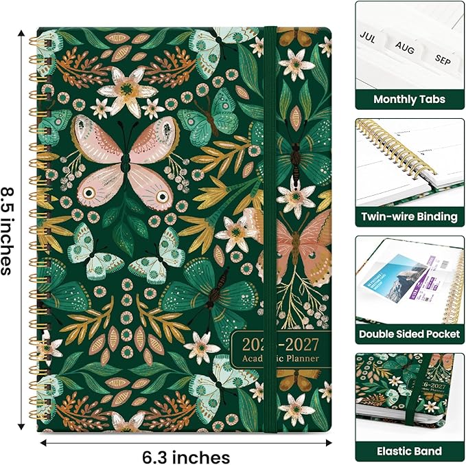 Planner 2026-2027, Academic Year Monthly and Weekly Calendar Planner, Jul 2026 - Jun 2027, Hardcover Teacher Student Planning Agenda book with Tabs, Perfect for School Office Supplies, 6.3" x 8.5" - Butterfly