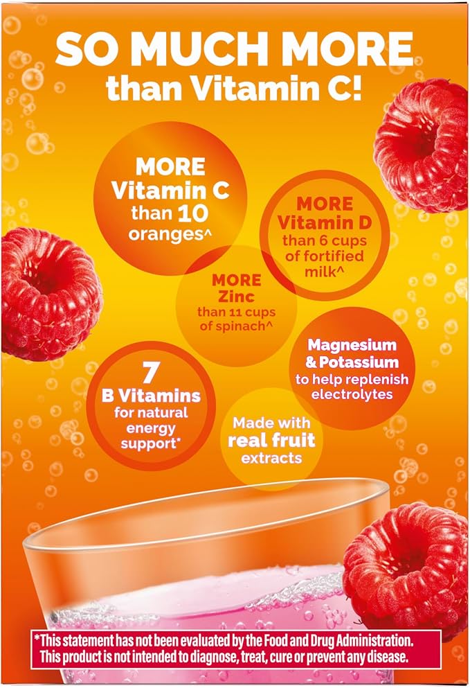 Emergen-C 1000mg Vitamin C Immune Support Powder Raspberry 30CT Includes Zinc, Manganese, 7 B Vitamins and Electrolytes for Back to School Essentials (Pack of 12)