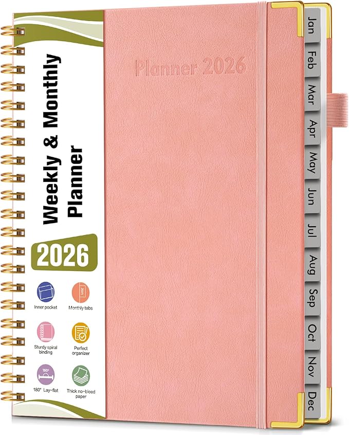 2026 Planner, Hardcover Leather Weekly and Monthly Planner, January 2026 - December 2026, Spiral Yearly Agenda Organizer Book 2026 with Tabs, Daily Calendar Planners for School Work Home, A4 (8.5" x 11"), Pink