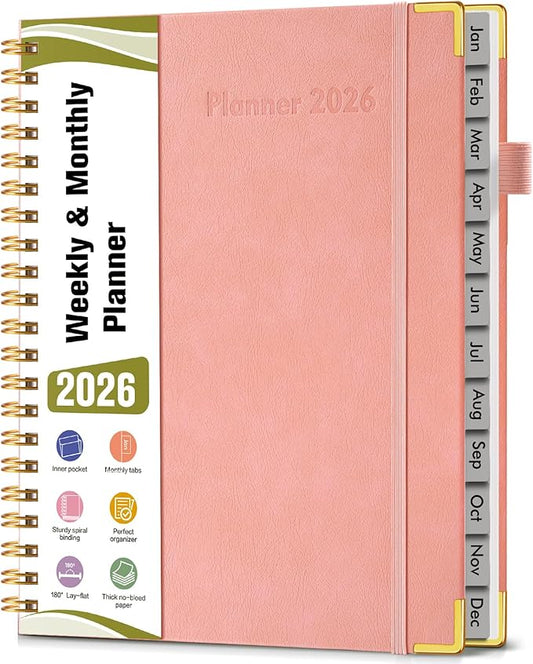 2026 Planner, Hardcover Leather Weekly and Monthly Planner, January 2026 - December 2026, Spiral Yearly Agenda Organizer Book 2026 with Tabs, Daily Calendar Planners for School Work Home, A4 (8.5" x 11"), Pink