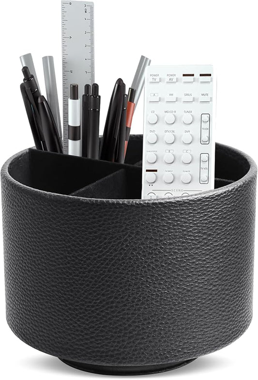 Round Leather Art Supply Organizer,Remote Control Holder,360 Degree Spinning,Multi-Functional Pencil Holder,4 Compartments Desktop Stationary Organizer(1-Lichee Black)