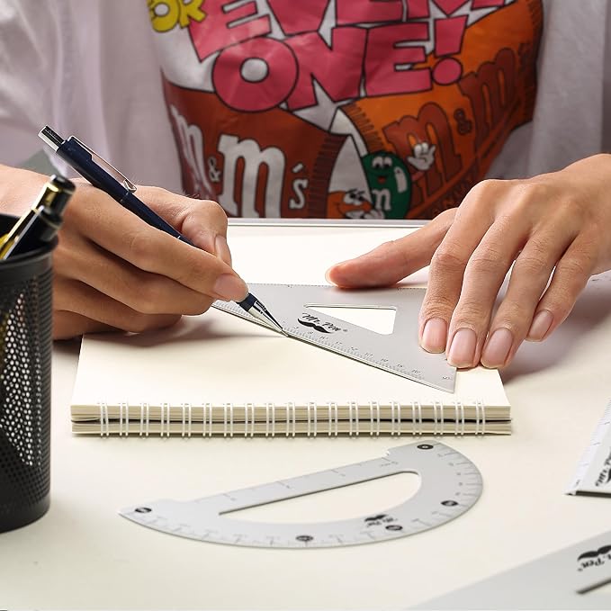 Mr. Pen- Metal Geometry Kit, 4 Pack, 45° & 30°/60° Set Squares, 6" Protractor & 12" Ruler, Durable Metal Drafting Tools for Technical Drawing, Math, Engineering & Architecture