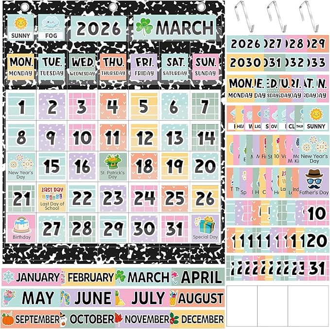 Tinlade Classroom Calendar Pocket Chart Set with 115 Cards 24 x 28 Inch Cute Cartoon Calendar Bulletin Board Pocket 2026–2033 Festival Weather Teacher Supplies for Classroom Wall Decoration
