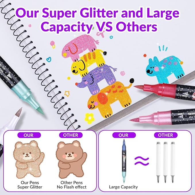 KEMYR Glitter Effect Brush Markers Pens,24 Colors Dual Tip Glitter Pens Set 12 Pack Metallic Sparkle Markers for Cards, DIY Crafts, Doodle, Writing, Adults Coloring Books, Art Supplies Scrapbooking