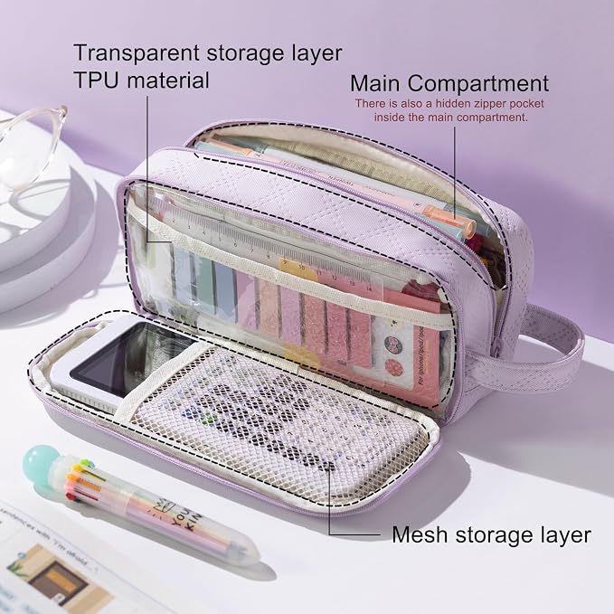 EASTHILL Large Capacity Pencil Case Cute Pencil Pouch with Handle Stationery Pen Bag for Teen Girls-Purple