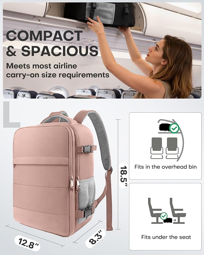 HOTOR Travel Backpack Flight Approved Bag Men Women, Large Pink | TSA Carry on Luggage, 15.6inch Laptop, Casual Daypack Travel Essentials Nurse Bag for Work, Business, Weekender, College
