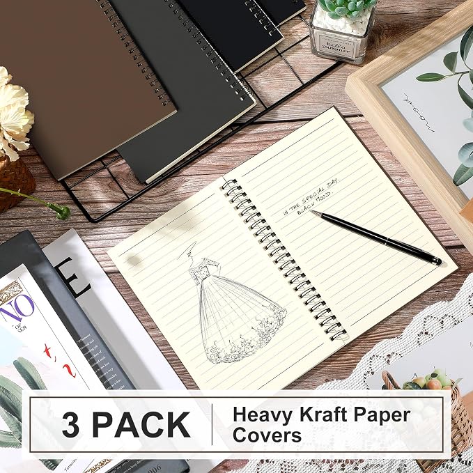 Yahenda 3 Pcs Spiral Notebooks, 1 Subject, Wide Ruled, Dark Color
