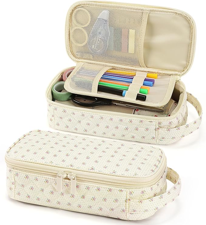 Cute Floral Quilted Pencil Case for Girls, Large Aesthetic Pen Pouch with Handle, Multi Compartment Stationery Organizer, Portable Travel Cosmetic Makeup Bag Back to School
