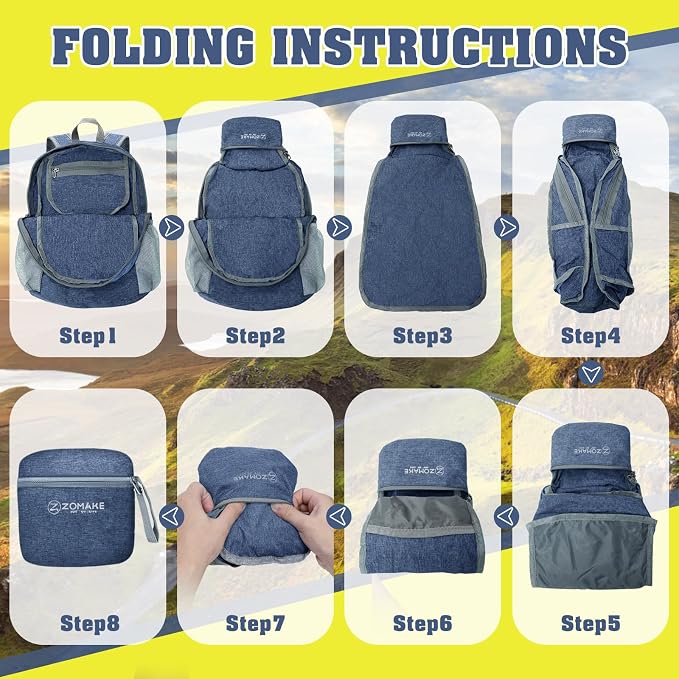ZOMAKE Lightweight Packable Backpack, 10L Small Foldable Daypack for Hiking | Water Resistant Collapsible Backpacks for Women Men, Everyday Carry, Multi Compartment Storage,Adjustable Strap(Navy Blue A5)