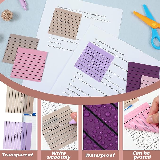 Yinder 24 Pack 720 Sheets Transparent Sticky Notes Translucent Clear Lined Self Sticky Notes for Bible Tabs, Book Tabs, Office School Supplies(3 x 3 Inch,Purple Colors)