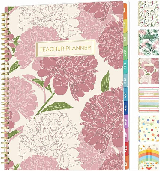 SUNEE Teacher Planner 2026-2027 Academic Year, 7 Periods Lesson Plan Book Jul 2026 - Jun 2027, 8.5"x11"Daily Weekly Monthly Organizers Horizontal Layout with Calendars, Bookmark, Tabs, Pocket, Peony