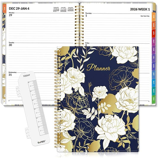 SUNEE 2026 Weekly and Monthly Planner - from January 2026 - December 2026, Daily Agenda Planner with Monthly Tab, Flexible Cover, Note Pages, Pockets, Bookmark, Spiral Binding, Vintage Floral, 8.5"x11"