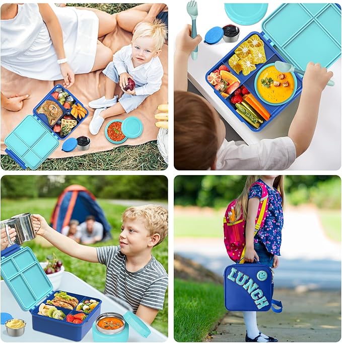 Aimsnk Kids Bento Lunch Box with 8oz Soup Thermo, Kids Leakproof Lunch Food Containers with 4 Compartment,Insulated Hot Food Jar with Lunch Bag for School, Travel (Blue)