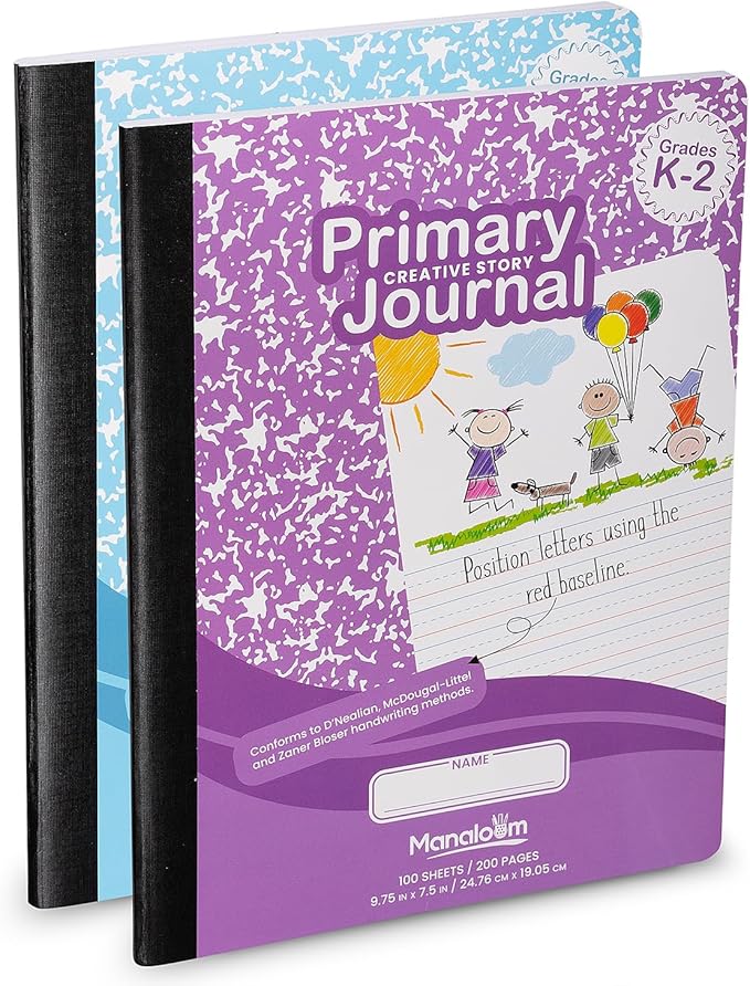 Primary Journal Grades K-2, Preschool, 1st Grade, Kindergarten Notebooks, Primary Ruled Composition Notebooks for Kids - 9.75″ x 7.50″ - Sturdy Covers - 100 Sheets - Assorted Colors - (2 Pack)