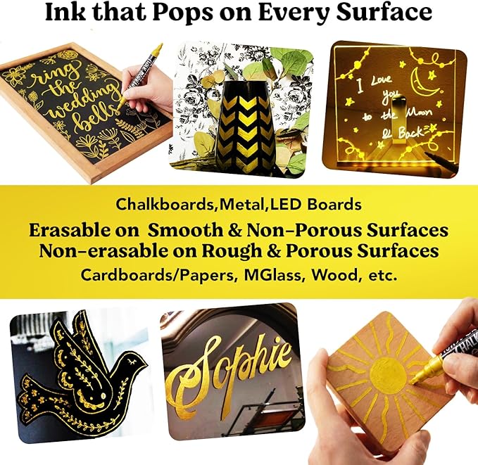 Chalkola 6 Gold Chalk Markers - Dual tip, Fine & Jumbo Tip (1mm, 3mm, 5mm, 15mm) | Erasable Liquid Chalk Pens for Blackboard, Chalkboard Signs, Car Window, Bistro, Glass | Washable Chalkboard Markers