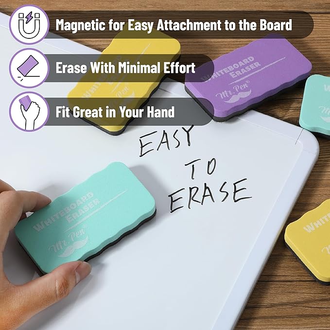 Mr. Pen- Magnetic Dry Erase Erasers, 4"x2.25", 8 Pack, Colorful Magnetic Whiteboard Erasers for White Board, Classroom, Home, Office, Back to School Supplies