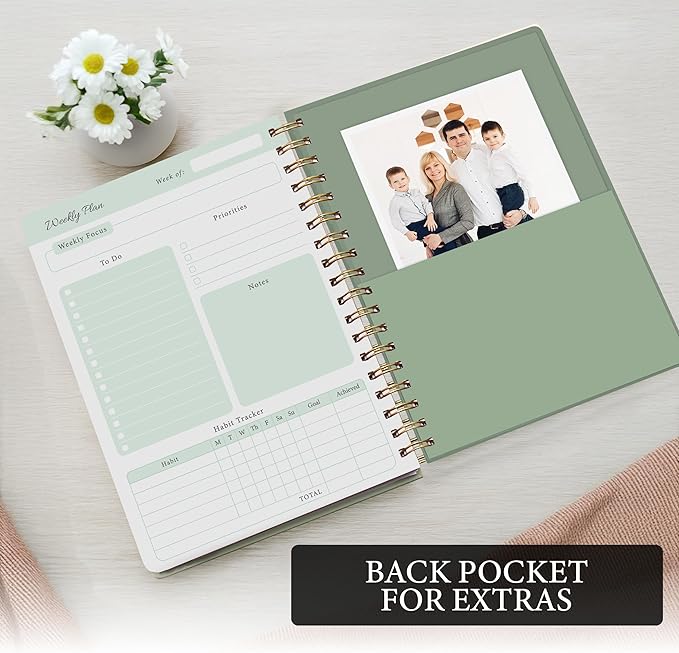 Undated Weekly Planner & Notebook for Work, School & Home - Aesthetic Hardcover Spiral Blank Planner with Habit Tracker, Goal Organizer & To Do List - 124 No-Bleed Pages, 6.4×8.5", Green