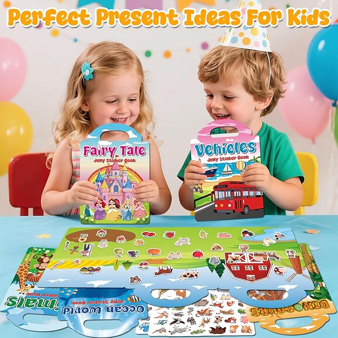 6 Sets Reusable Sticker Books for Toddlers 3+ Years, Jelly Sticker Book for Kids, Travel Stickers Activity Book Travel Toys for Toddlers