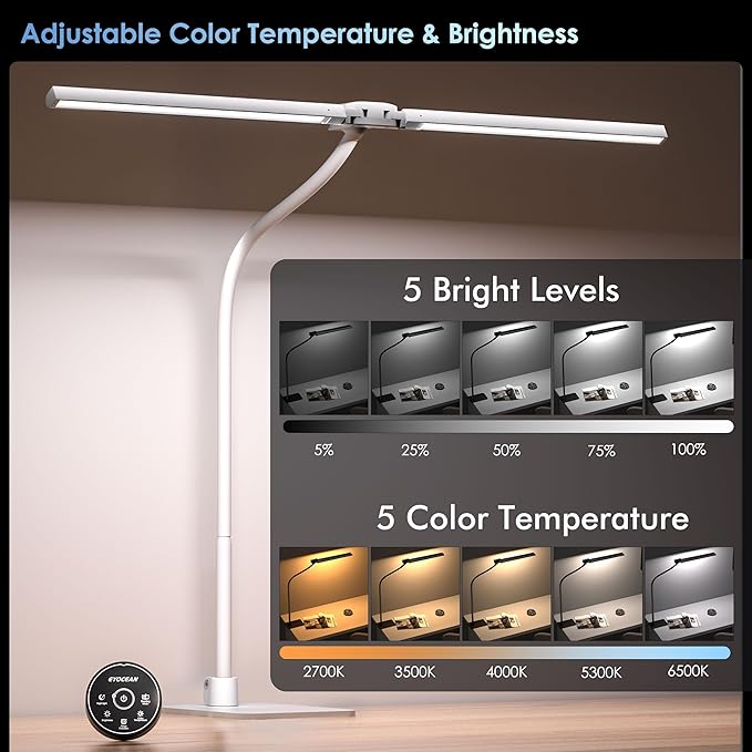 EYOCEAN Desk Lamp with Metal Base, 31.5" LED Office Lamp for Home Office, 24W Double Head Desk Light, Dimmable & Color Temperature, Table Lamp with Remote Control, Brightest Computer Monitor Light