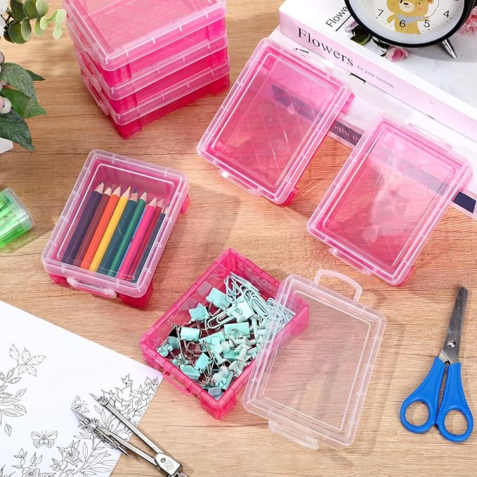Suzile 25 Pcs Plastic Crayon Boxes with Snap Lids Crayon Storage Organizer Stackable Container Bulk Pencil Case for Pen Crafts Classroom Supplies(Pink)