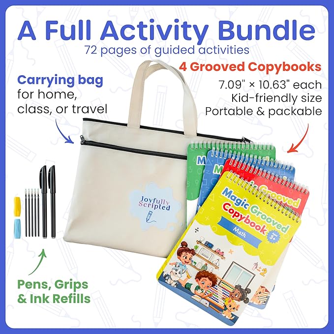 Magic Grooved Writing Practice for Kids – Reusable Grooved Handwriting Workbooks for Kids Workbook Ages 3-5, 6-8 & 8-10, Disappearing Ink & Carry Bag Letter Tracing Book, Alphabet Writing Practice Kit