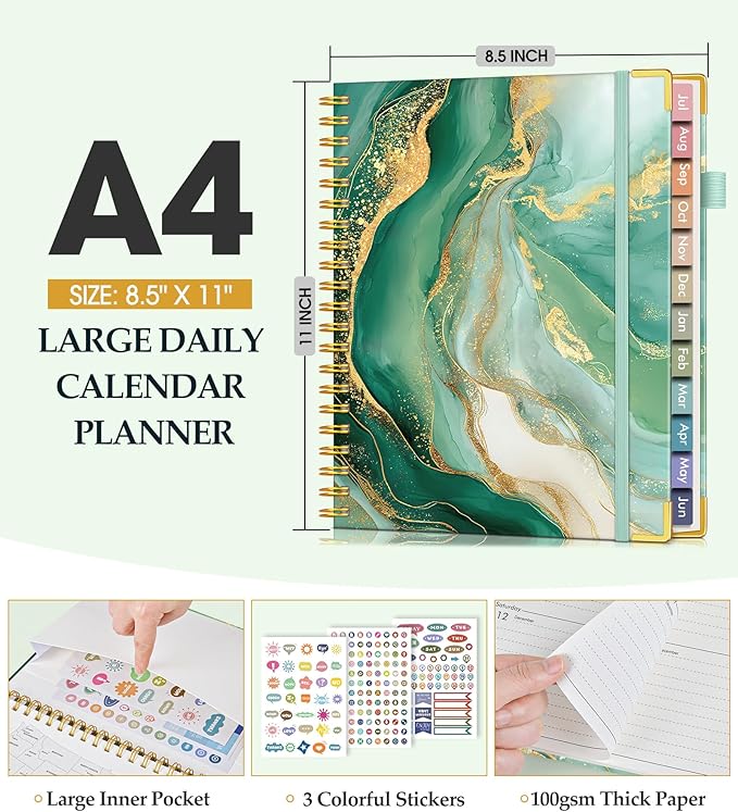 Academic Planner 2026-2027, Hardcover Leather Weekly and Monthly Calendar Planner from July 2026 - June 2027, A4 8.5" x 11" Daily Agenda with Tabs, College School Organizer for Student Teacher, Slate (Marble)