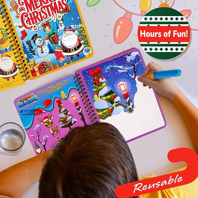 Stocking Stuffers for Toddlers, 4 Pack Christmas Water Coloring Books for Kids, Christmas Activities for Kids, Christmas Crafts for Toddlers, Toddler Travel Essentials, Toddler Gift Toys