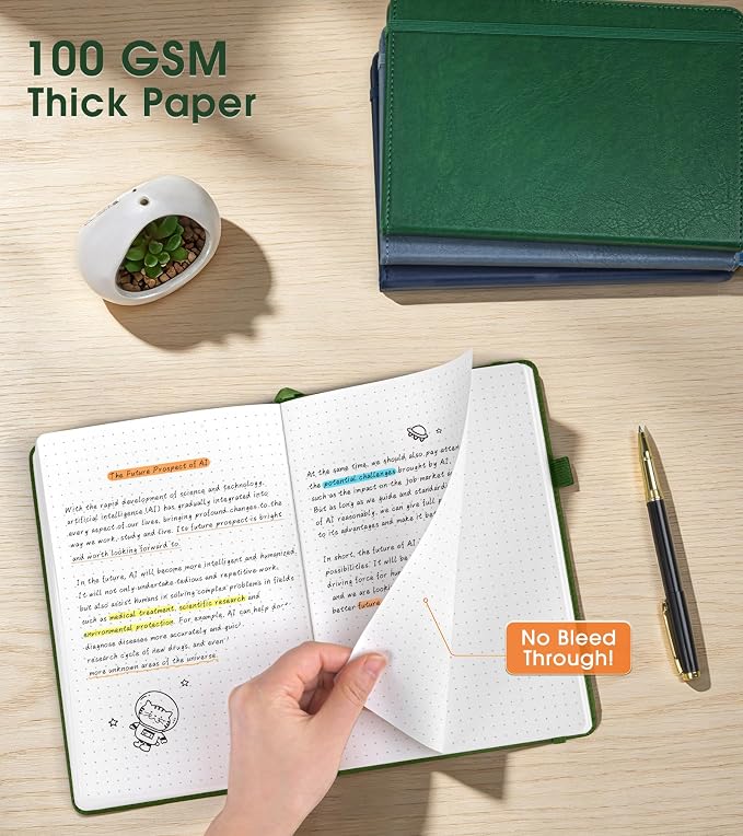 Dotted Journal Notebook, A5 Leather Hardcover, 160 Pages, 180° Lay-Flat Binding, 100 GSM Thick Paper, Dot Grid for Bullet Journaling, Planning & Daily Organization (Green)