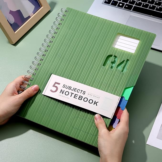CAGIE 5 Subject Notebook with tabs 8.5'' x 11'', Hardcover Notebook with 5 Colored dividers, Spiral Notebook Wide Ruled for Work 262 Page, Multi-Subject Notebooks for School Office Supplies, Green