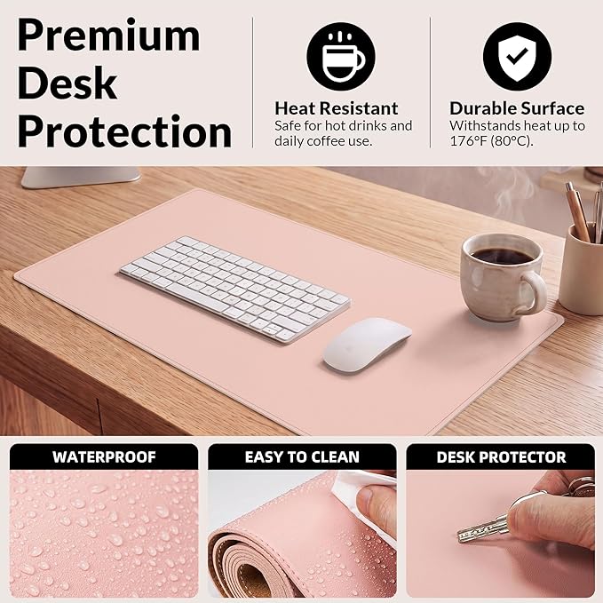 AFIING Leather Desk Pad Protector, Large Mouse Pad, Dual-Sided PU Leather & Natural Cork Desk Mat, Non-Slip Waterproof Laptop Desk Blotter for Office and Home, 23.6" x 13.7",Pink