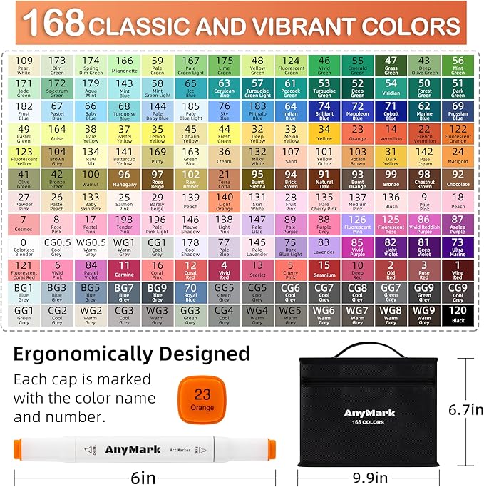 AnyMark Alcohol Markers, 168 Colors Dual Tip Art Coloring Markers Set for Kids Adult Book Drawing Sketching Painting, Chisel & Fine, White Penholder