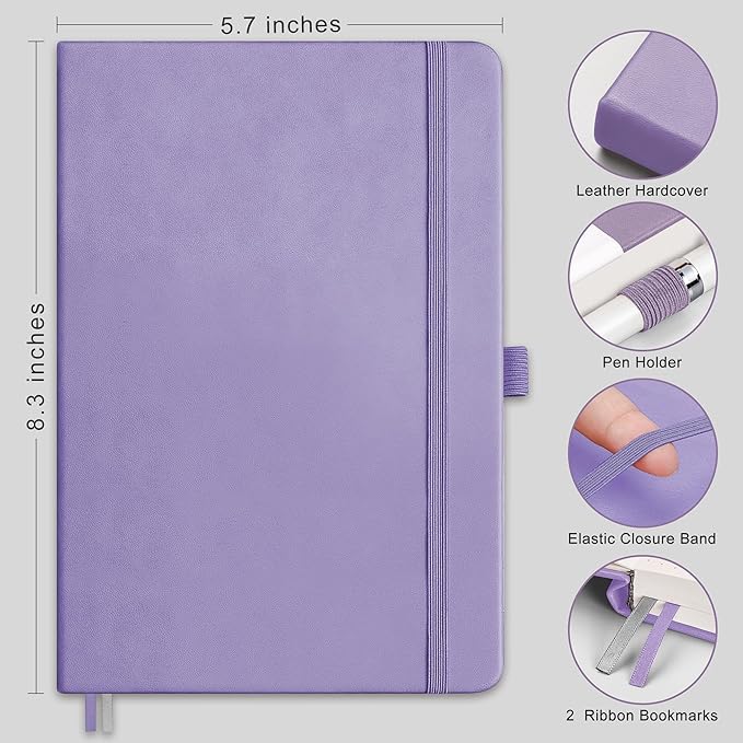 RETTACY Dotted Journal Notebook, 192 Pages, A5 Medium Size (5.7'' x 8.3''), Leather Hardcover, 100 GSM Thick Paper, for Journaling, Planning, Tracking (Purple)