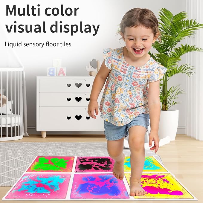 Liquid Sensory Floor Tiles for Kids: 12x12 Inch Active Play Mats for Kids Non-Toxic Leakproof -6 PCS Non-Slip Color-Changing Pads Stress Relief & Motor Skills Toys