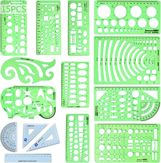 15PCS Geometric Drawings Templates,Transparent Green Plastic Ruler, Drafting Stencils Measuring Tools, Measuring Geometry Rulers for Office, Studying