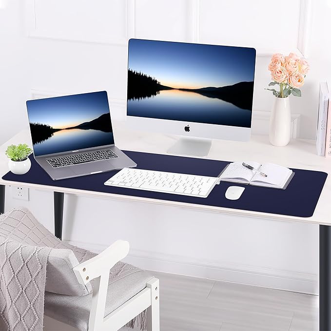 AFIING Leather Desk Pad Protector, Large Desk Mat with Natural Cork & PU Leather, Mouse Pad, Non-Slip, Waterproof Desk Writing Pad for Office and Home Blue