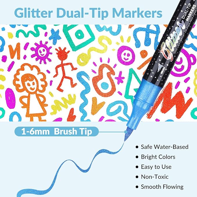 KEMYR Glitter Effect Brush Markers Pens,96 Colors Dual Tip Glitter Pens Set48 Pack Metallic Sparkle Markers for Cards, DIY Crafts, Doodle, Writing, Adults Coloring Books, Art Supplies Scrapbooking