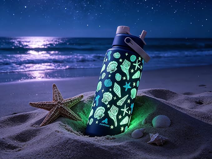 POWCAN 40 oz Insulated Water Bottle with 2-in-1 Straw and Spout Lid, Glow-in-the-Dark, 24H Cold, Leakproof, BPA-Free, Double Wall Stainless Steel for Sports, Gym, Travel, and School (Seashell Coast)