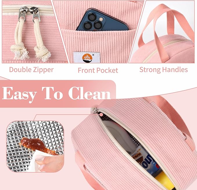 CaCTOUR Lunch Box Lunch Bag for Women Girls Teens, Cute Lunch Box Cooler Bag, Portable Small Insulated LunchBox Reusable Corduroy Lunch Tote for Work/Travel/Picnic/School(Pink)