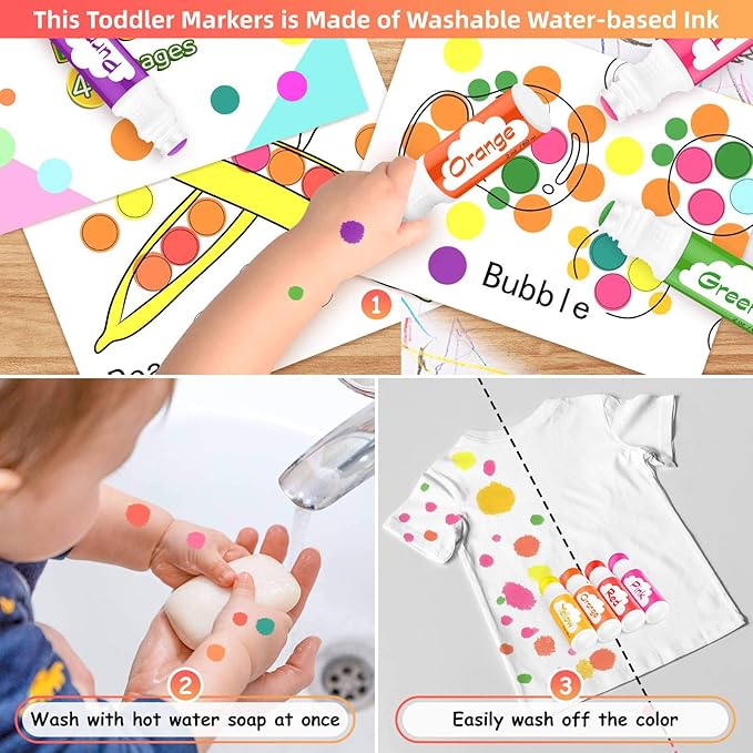 Soucolor Washable Dot Markers for Toddlers Kids Preschool, 10 Colors 2 oz Bingo Daubers Paint Markers Set with 48 Pages Tearable Activity Book for Toddler Arts and Crafts Kits Supplies, Water-Based
