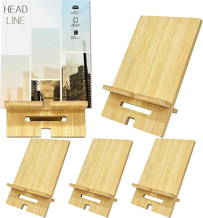 5 Pcs Bamboo Book Stand for Display Natural Easel Book Holder for Home Office School Fits CDs Comics Magazines Postcards Albums Artworks Phones(7.1x4.7x5 Inch)