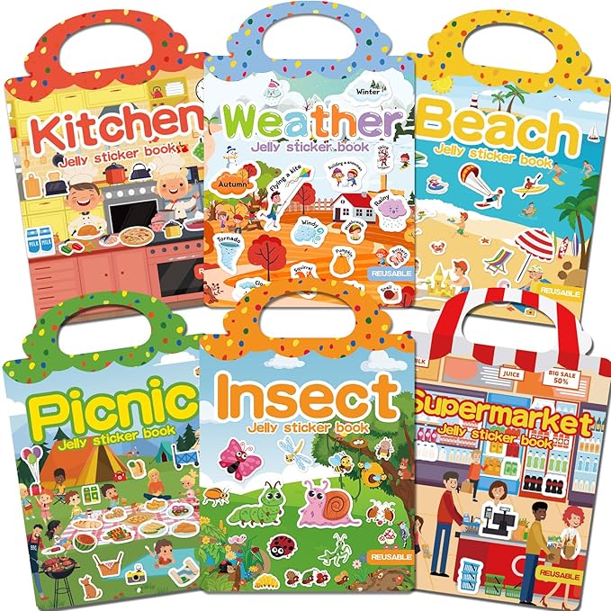 6 Sets Reusable Sticker Book for Toddlers 3-6, Jelly Sticker Books for Toddler, Travel Sticker Activity Toys for Kids 3 4 5 6 Years Old Girls & Boys