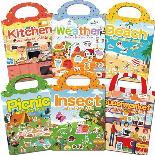 6 Sets Reusable Sticker Book for Toddlers 3-6, Jelly Sticker Books for Toddler, Travel Sticker Activity Toys for Kids 3 4 5 6 Years Old Girls & Boys