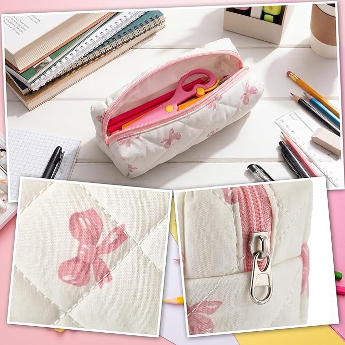 Sherr Coquette Bow Pencil Case Pink Bow Cute Pencil Pouch Soft Cotton Storage Bag Aesthetic Pattern Gift Makeup Pouch Cosmetic Travel Bag for Women